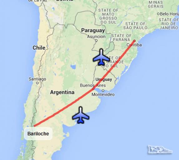 Nossa rota aérea, voando no dia 4 de tarde entre Bariloche e Buenos Aires, e no dia 5, entre a capital argentina e Curitiba, no Paraná